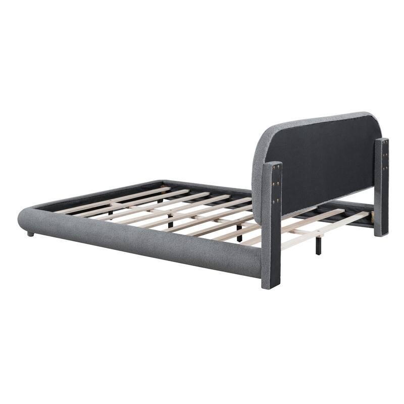Full/Queen Size Teddy Fleece Upholstered Bed with Thick Fabric, Platform Bed Frame with Headboard & Stylish Curve-shaped Design