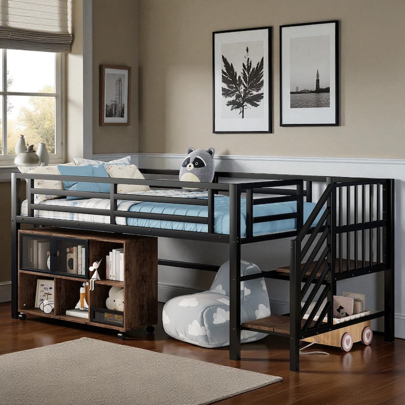 Low Twin Metal Loft Bed with Stairs and 6 Storage Cubbies, Space-Saving Kids Loft Bed Frame