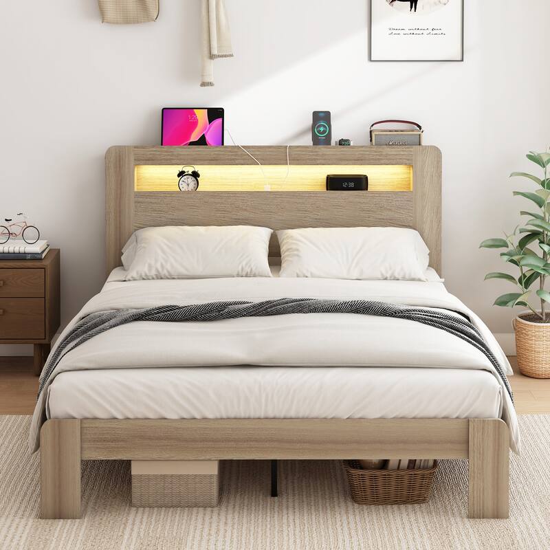 Wood Platform Bed Frame with Storage LED Light, King/Full/Queen Bed