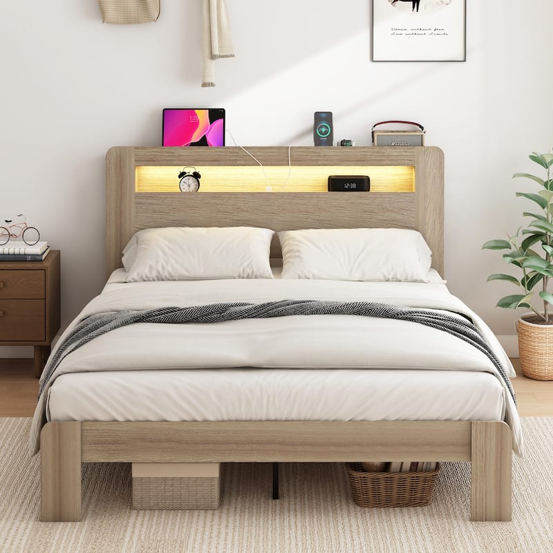 Wood Platform Bed Frame with Storage LED Light Headboard and 2 USB,Queen/Full/King Size Bed