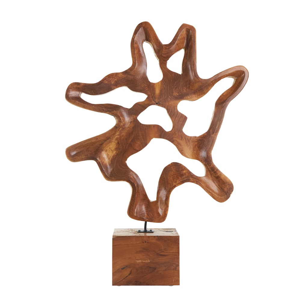 Brown Teak Wood Cutout Abstract Decorative Sculpture with Block Base