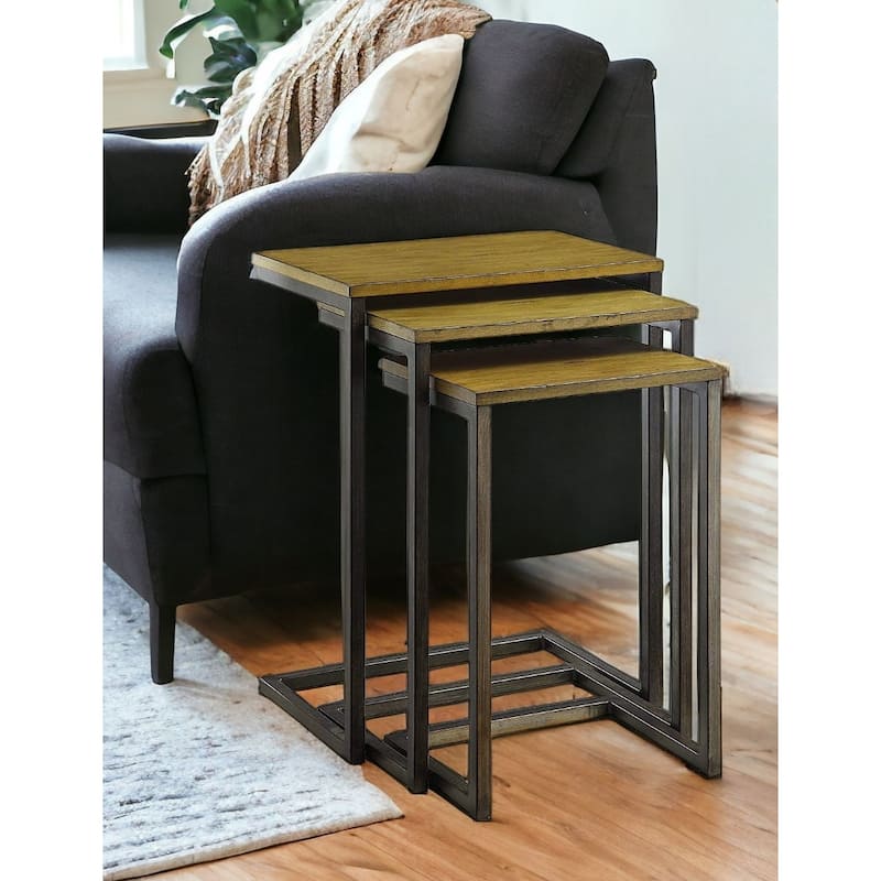 Chestnut Wood Nesting Side Tables with Black Steel Sled Base Set of 3 - 12” x 18” x 23.5” (D x W x H)