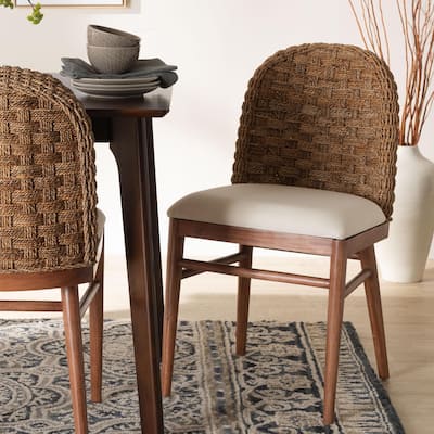 bali & pari Denver Modern Bohemian Walnut Brown Finished Acacia Wood and Seagrass Dining Chair