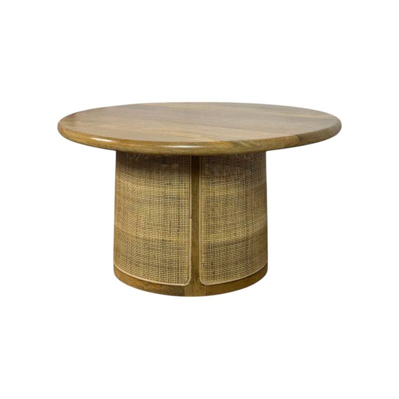 Marlowe Drum-Style Coffee Table - Solid Blonde Acacia Wood Top with Handwoven Cane Drum Base Table - 30"