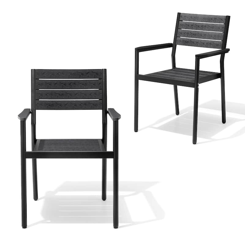 Outdoor Aluminum Dining Chairs Modern Stackable Armchairs - Black - 2PC
