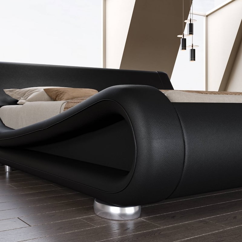 Upholstered White Platform Bed Frame with Curved Headboard and PU Leather