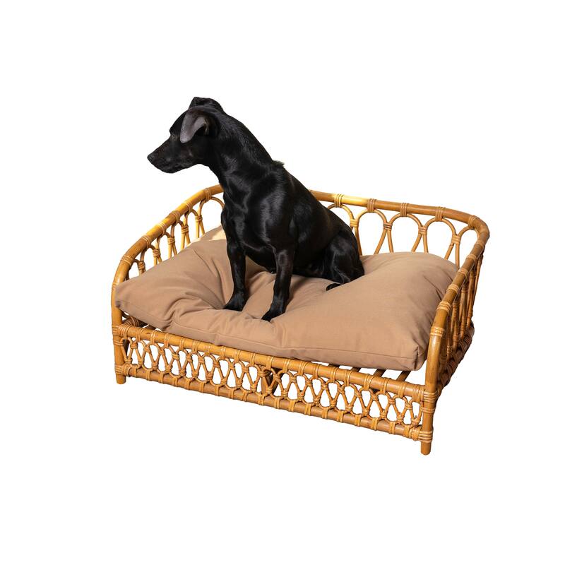 Elevated 27.5" x 17" Bohemian Handwoven Rattan Dog Daybed with Machine-Washable Cushion, Natural - Natural - Polyester