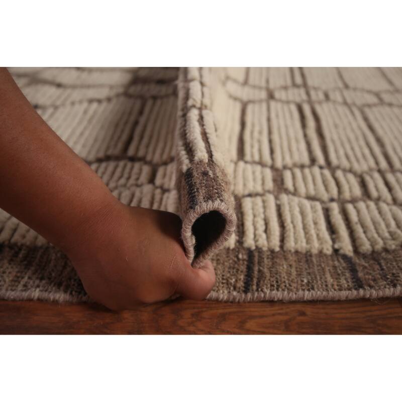 Geometric Ivory Moroccan Modern Large Area Rug Handmade Wool Carpet - 11'11"x 18'6"