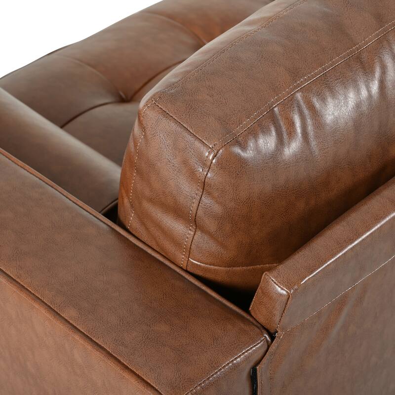Mid-Century Modern PU Leather 3-Seat Sofa, Tufted Design, Solid Wood Legs, 2 Bolster Pillows, Comfortable sofa