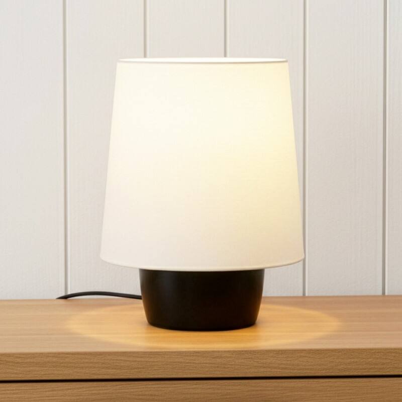 Brightech Dan 14 in Classic Matte Black Modern 9W 800Lm 3000K LED Contemporary Round Table Lamp With Cream Cotton Drum Shade