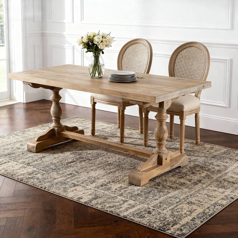 French Style Solid Wood Frame Linen Fabric Rattan Back Dining Chair, Set of 2