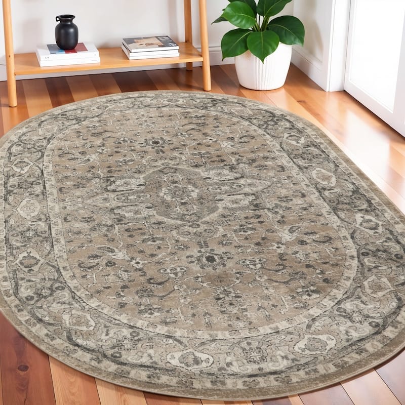 Lodux Power Loomed Distressed Traditional Durable Area Rug By HomeRoots - 96' X '60' X '0.32 - Cream/Onyx - Oval