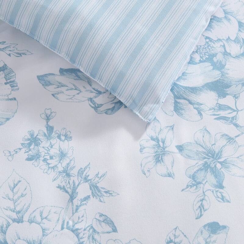 Laura Ashley Delphine Floral Reversible with Stripe Reverse Comforter Set with Sheets (Blue)