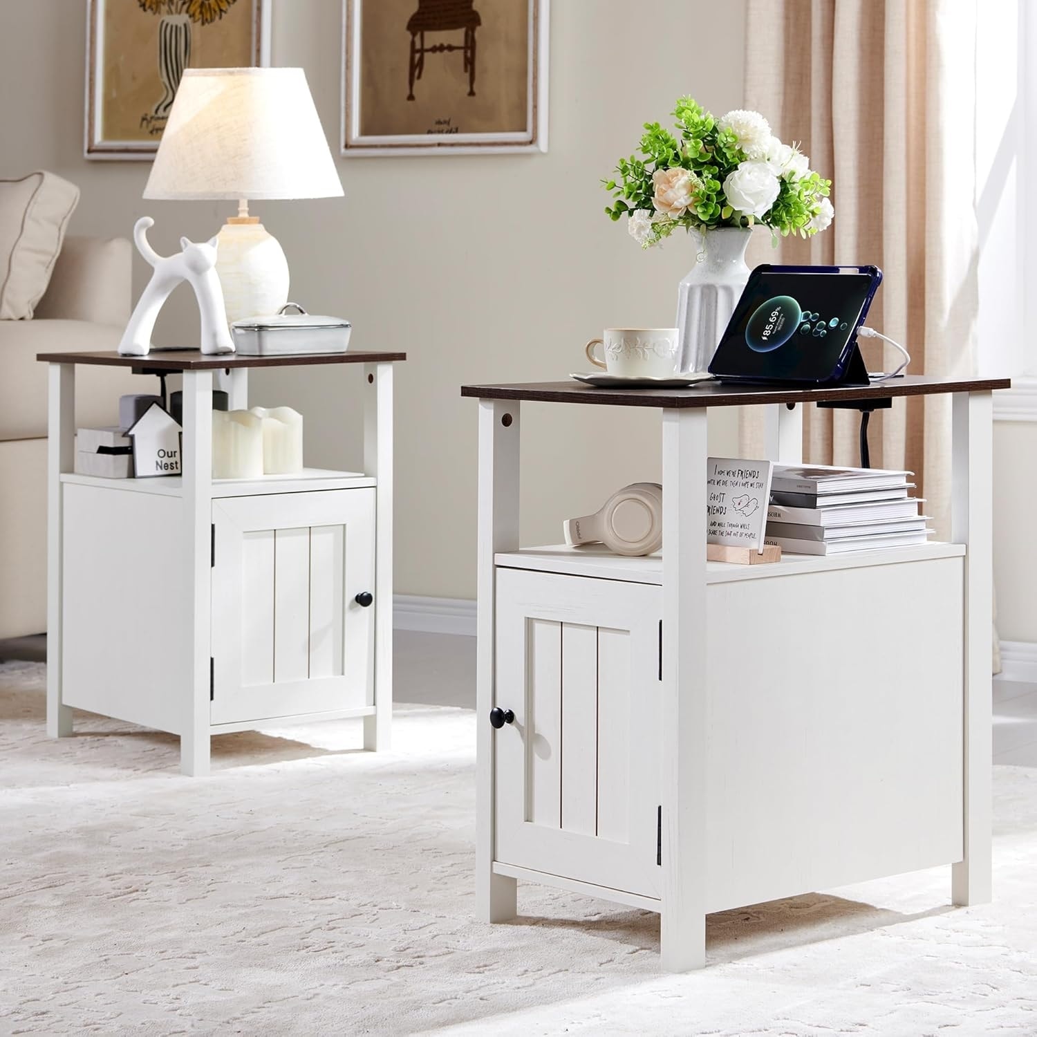 Rustic Nightstand Set of 2 with Charging Station, Barn Door Design & Open Shelves for Bedroom or Living Room - White