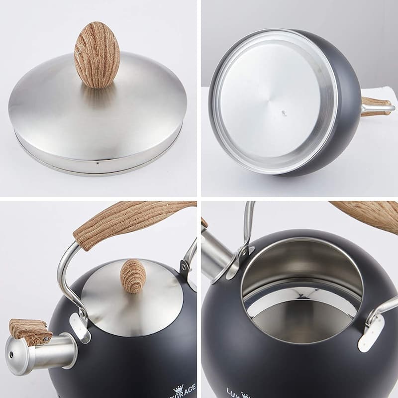 Creative Home 2.6 Qt. Stainless Steel Whistling Tea Kettle Teapot with Folding Handle, Aluminum Capsulated Bottom, Opaque Black