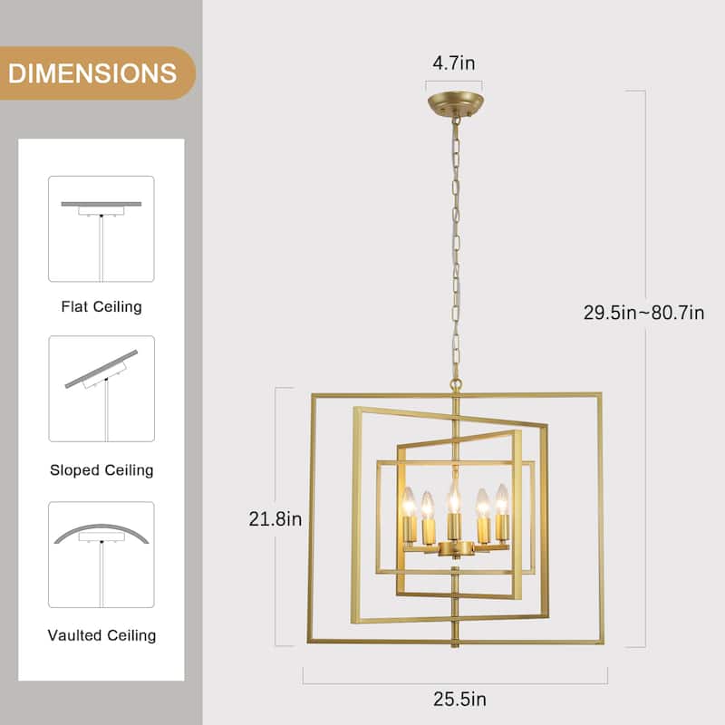 25.59inch 5 Lights Modern Chandelier with 4 Metal Frames 360 Degree Adjustable for Different Rooms