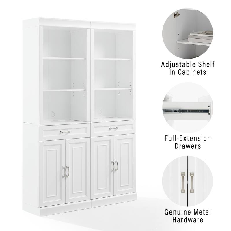 2-Piece Storage Bookcase Set - White Bookcases with Adjustable Shelf & Drawer - Farmhouse Kitchen Furniture