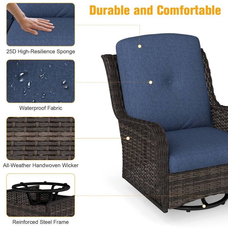 7 Pieces Patio Furniture Set with Swivel Rocking Chair, Coffee Table, Side Table for Backyard, Garden, Navy Blue/Beige/Orange
