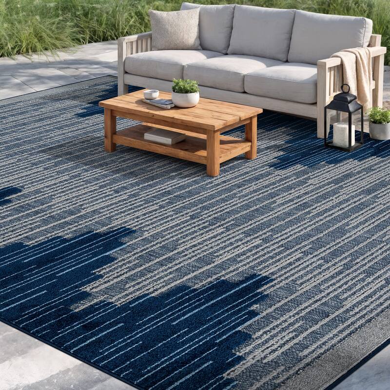 World Rug Gallery Indoor/Outdoor High-Low Textured Area Rug, Geometric Easy-Clean Patio Rug