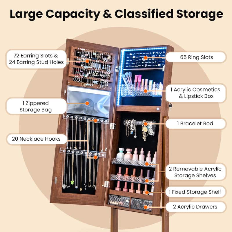 Costway LED Mirror Jewelry Cabinet Organizer Armoire Standing with - See Details