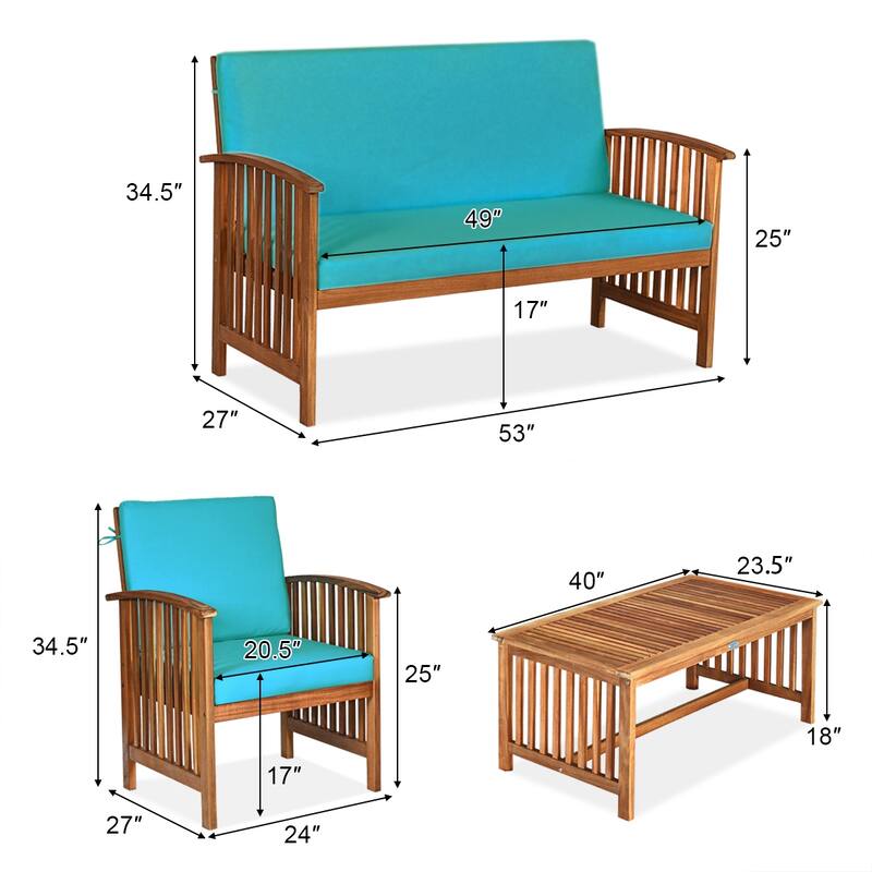 Costway 4PCS Patio Solid Wood Furniture Set Conversation Coffee Table - 4-Piece Sets