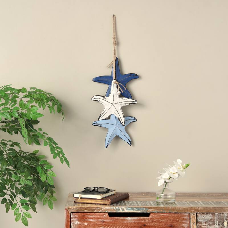 Blue Wooden Distressed Layered Starfish Home Wall Decor with Hanging Rope and Decorative Shell Accents - Blue
