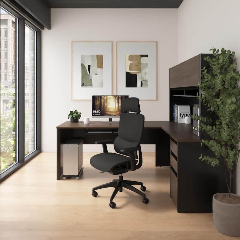 Bestar Connexion 72W L-Shaped Desk with Hutch and Pedestal