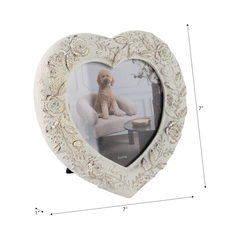 Polyresin Heart Shaped Photo Frame Floral Carving Design - 5x5" Ivory