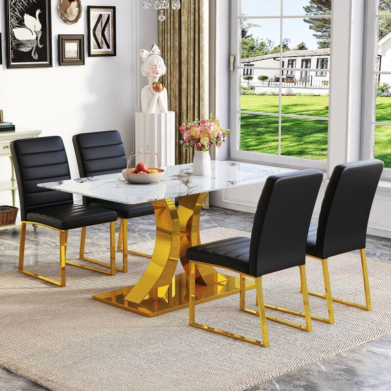 5-Piece Marble Pattern Tempered Glass Dining Set, 63-Inch Table with 4 Minimalist Chairs, Modern Style - Black,Golden