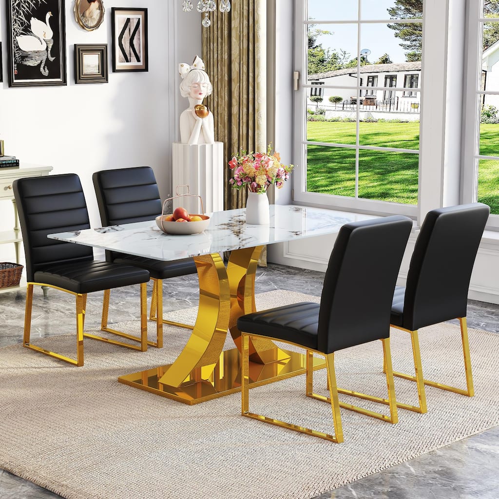 5-Piece Marble Pattern Tempered Glass Dining Set, 63-Inch Table with 4 Minimalist Chairs, Modern Style