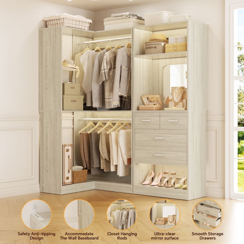 Cimly Set of 2 Corner Closet System WITH Drawers, Freestanding Closet Organizer with Hanging Rods and Shelves