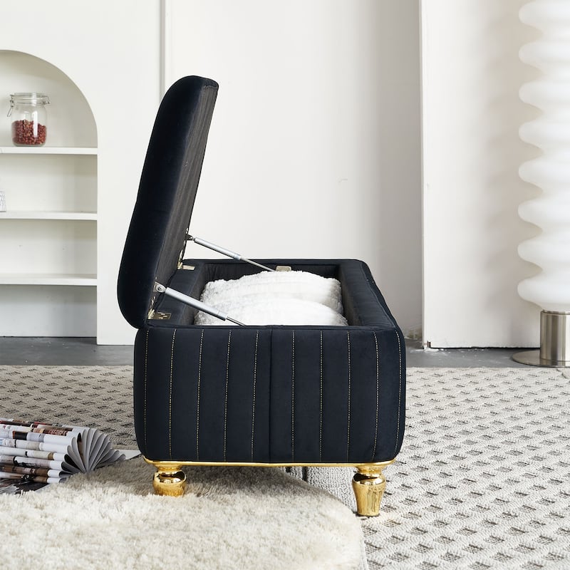 Upholstered Velvet Fabric Storage Ottoman with Safety Hinge