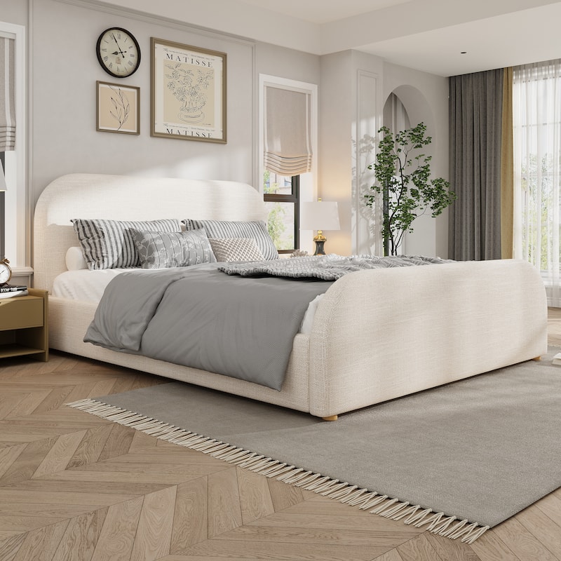 Beige Linen Upholstered Bed Curved Headboard Wingback Frame Low Profile Platform Bed - Beige - King