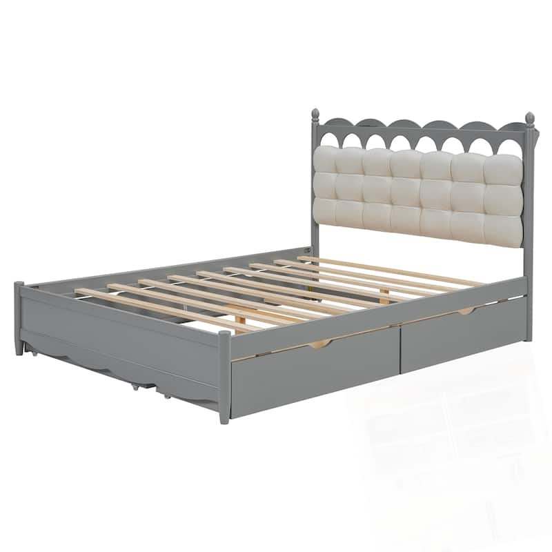 Wooden Storage Platform Bed with 2 Big Drawers and Twin-XL Size Trundle