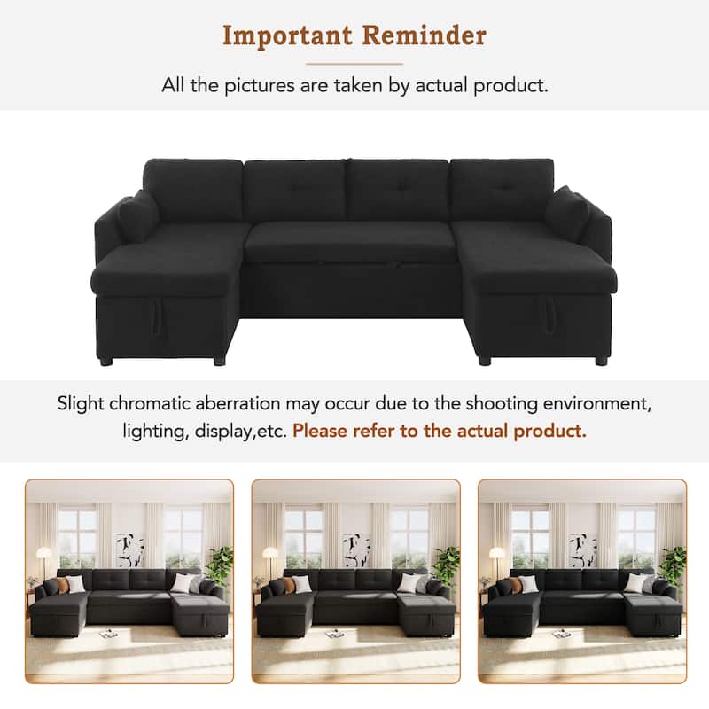 Roomfitters 107 Inch U-Shaped Sectional Sleeper Sofa with Storage Chaise and USB Ports, Teddy Fabric