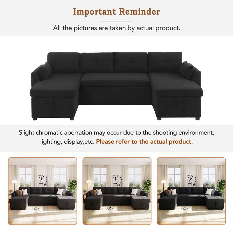 Teddy Fabric Sectional Sofa Convertible Sleeper Sofa Modern U-Shaped Couch Dual Storage Chaise Lounge with Pockets and USB Ports