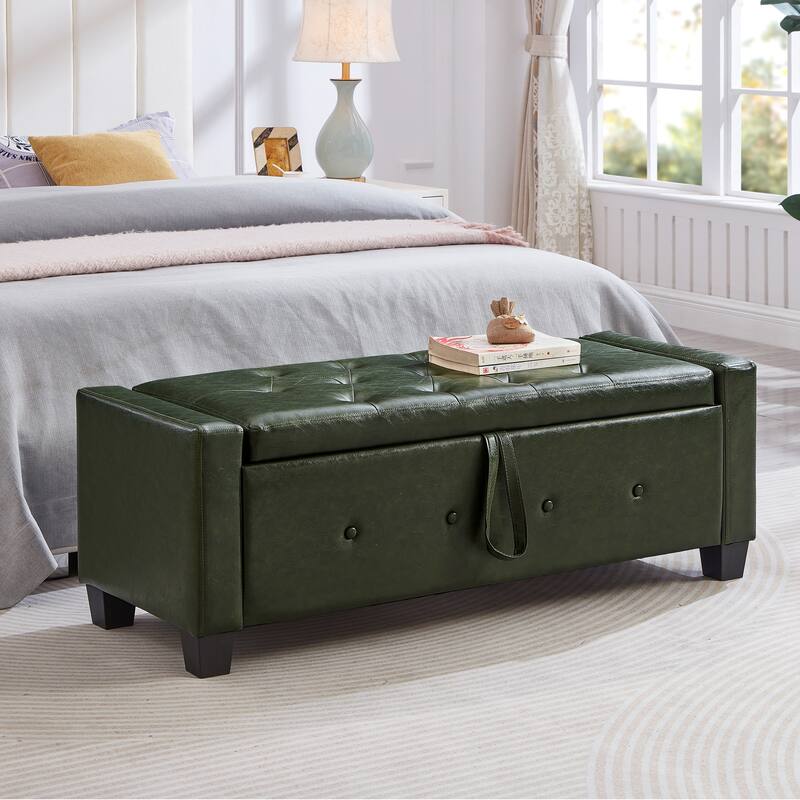Tufted Faux Leather Storage Ottoman Bench for Bedroom, Living Room & Hallway, 48" Multifunctional Upholstered End of Bed Bench