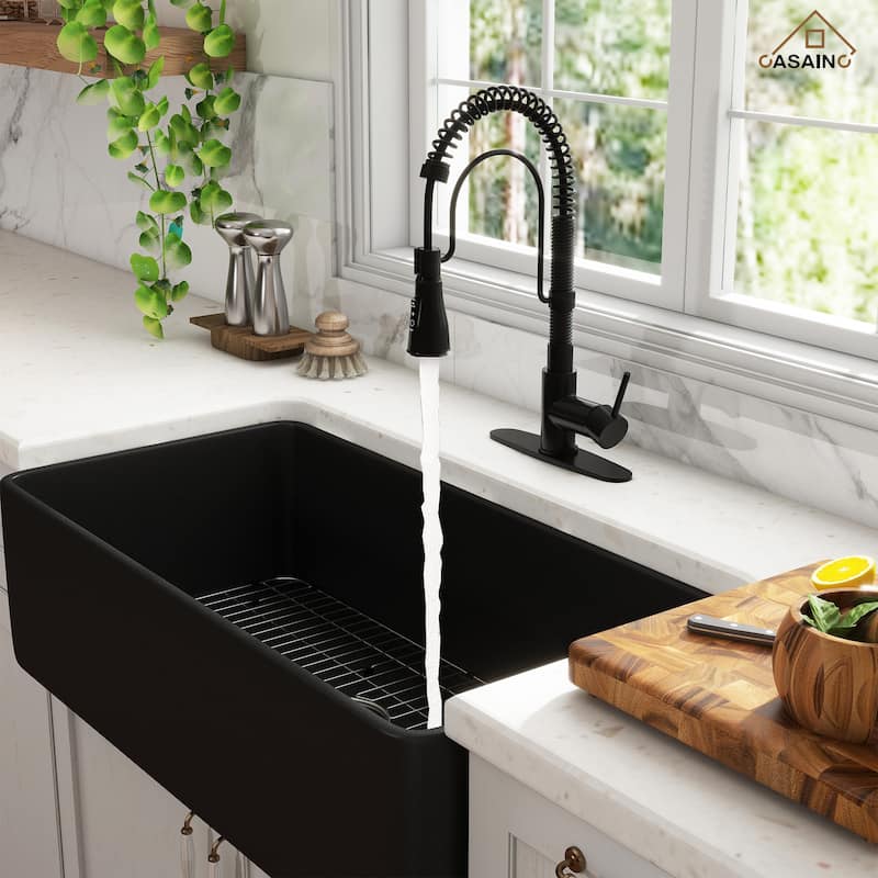 Premium Fireclay Farmhouse/Apron-Front Single Bowl Kitchen Sink with 3-Function Pull-Down Kitchen Faucet Combo
