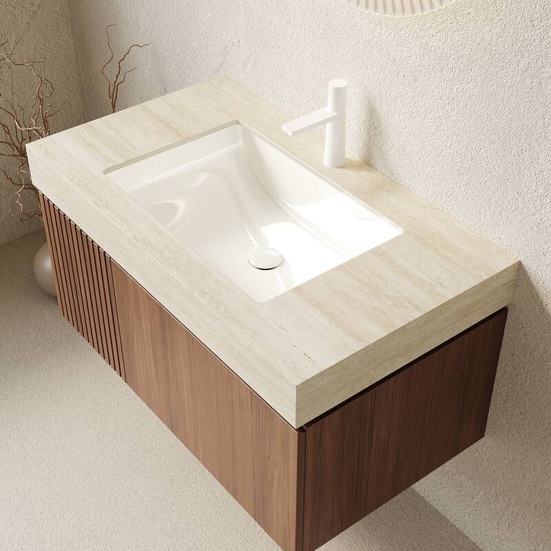 30"/36"/48" Wall-Mounted Bathroom Vanity with Ceramic Sink, Sintered Stone Countertop Floating Bathroom Storage Cabinet