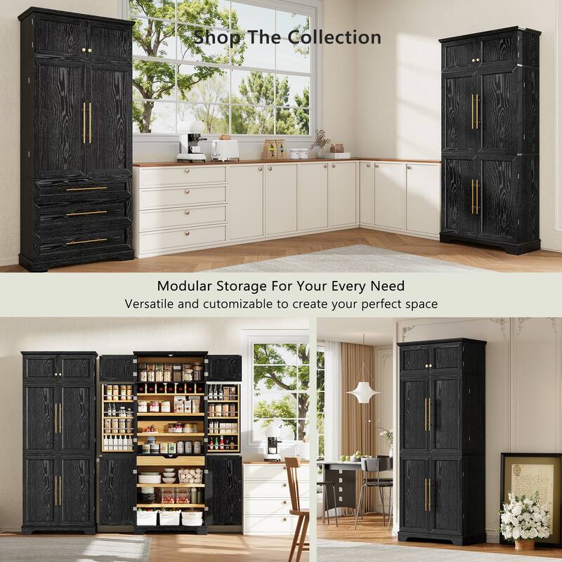 78.2" Kitchen Pantry Cabinet, Farmhouse Storage Cupboard with 8 Door Shelves, 4 Adjustable Shelves, Hidden Drawer & Wine Rack