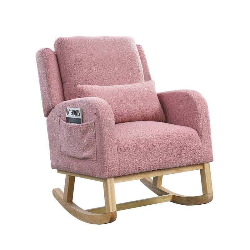 Grondin Modern Style Rocking Chair, Teddy Fabric Upholstered Nursery Rocker with Side Pockets