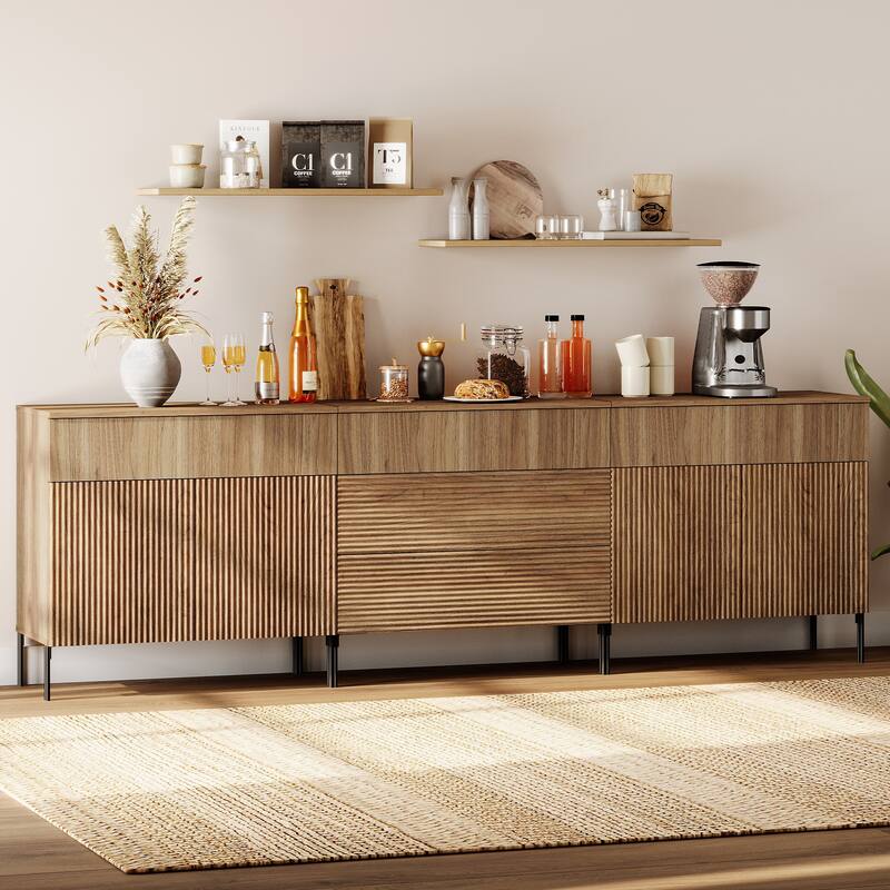 94.5" Modern Reeded Minimalist Sideboard With Doors And Drawers, 3-In-1 Wooden Credenza