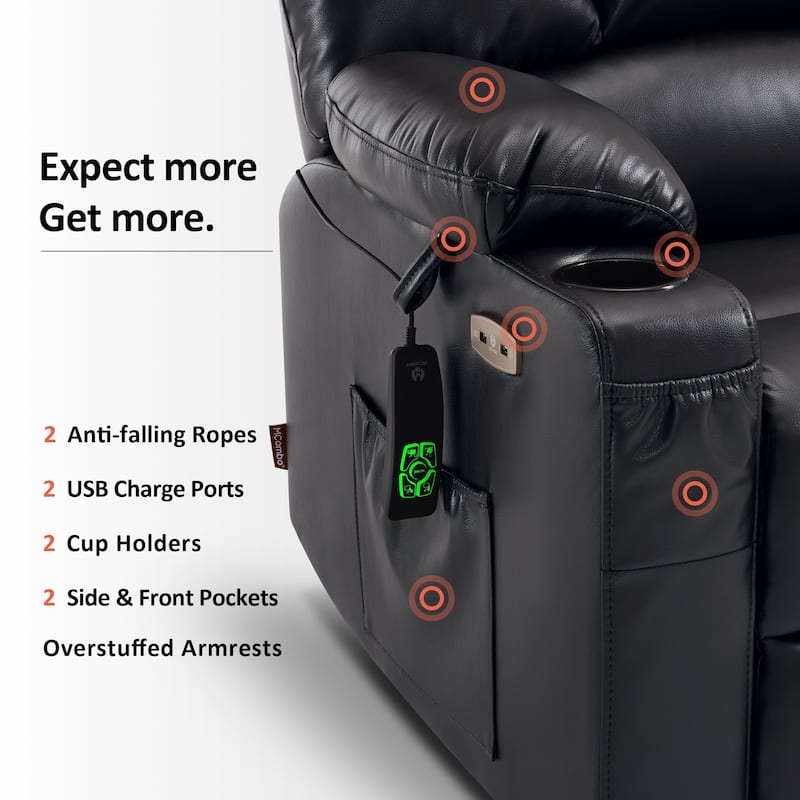 MCombo Large-Wide Lay Flat Dual Motor Power Lift Recliner Chair Sofa with Massage and Heat, Faux Leather R7688