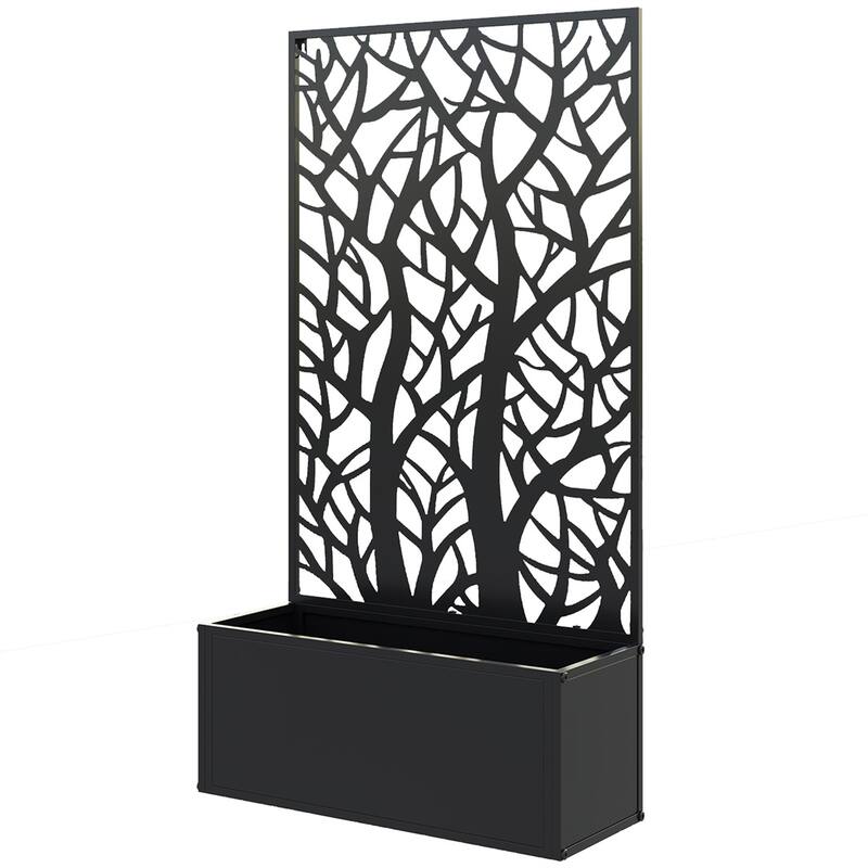 24" Black Metal Wall-Mountable Raised Garden Bed with Drainage Slots for Healthy Plants - 24" L x 9.1" W x 44.5" H - Design-6: Two Big Tree