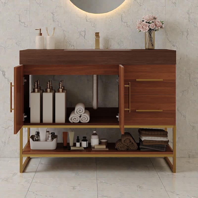 36 Inch Modern Bathroom Vanity with Seamless Ceramic Sink, Freestanding Cabinet with Gold Accents and Storage