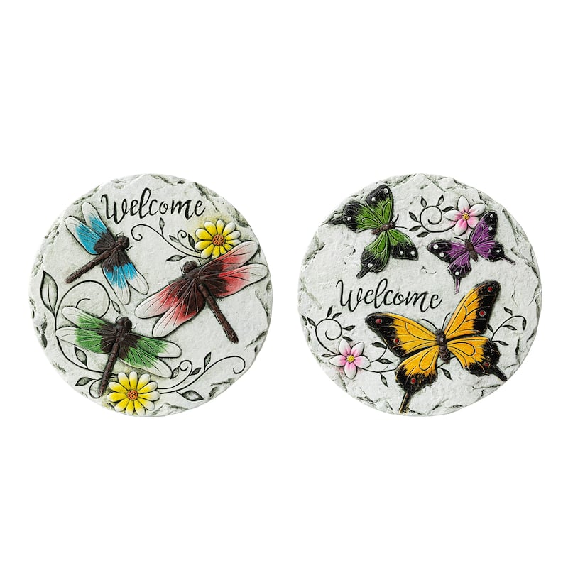Glitzhome Set of 2 Cement Welcome Stepping Stones with Butterflies & Dragonflies - 9.75 in