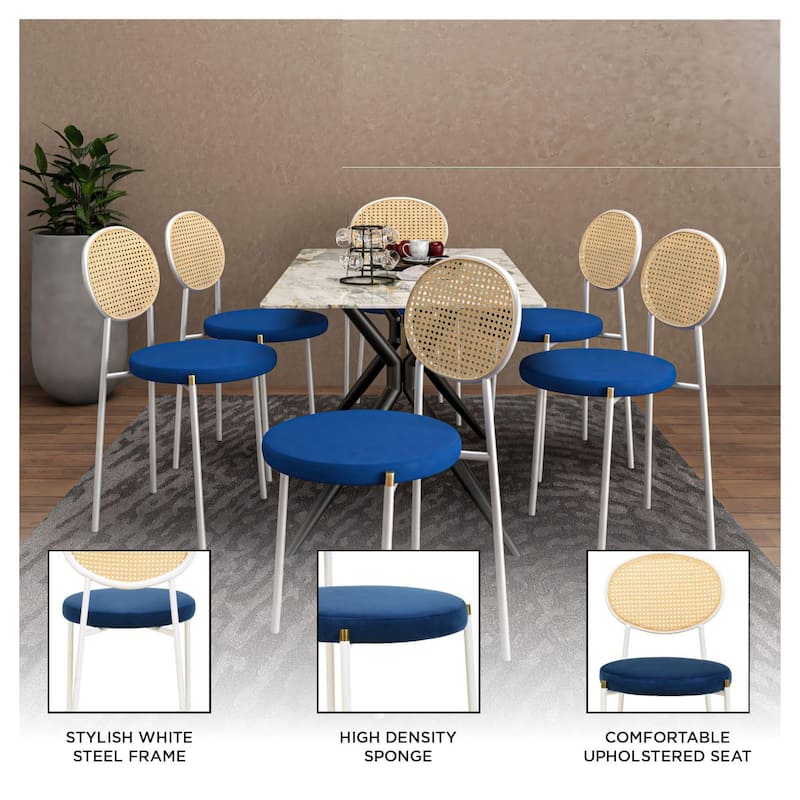 LeisureMod Euston Modern Dining Chair with Upholstered Velvet Seat - Wicker Back and White Stainless Steel Legs Accent Chair