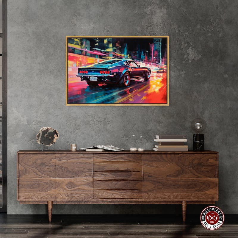 Notoriart Classic Night Drive Framed Car 1 Piece Canvas Wall Art