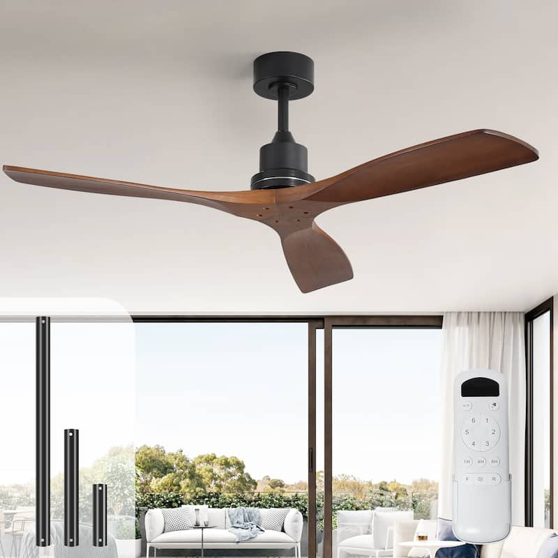 52" Farmhouse Style Wood Walnut Ceiling Fan With Lights and Remote Control, Dimmable LED Optional - Matte Black and Brown Blades/Without lights