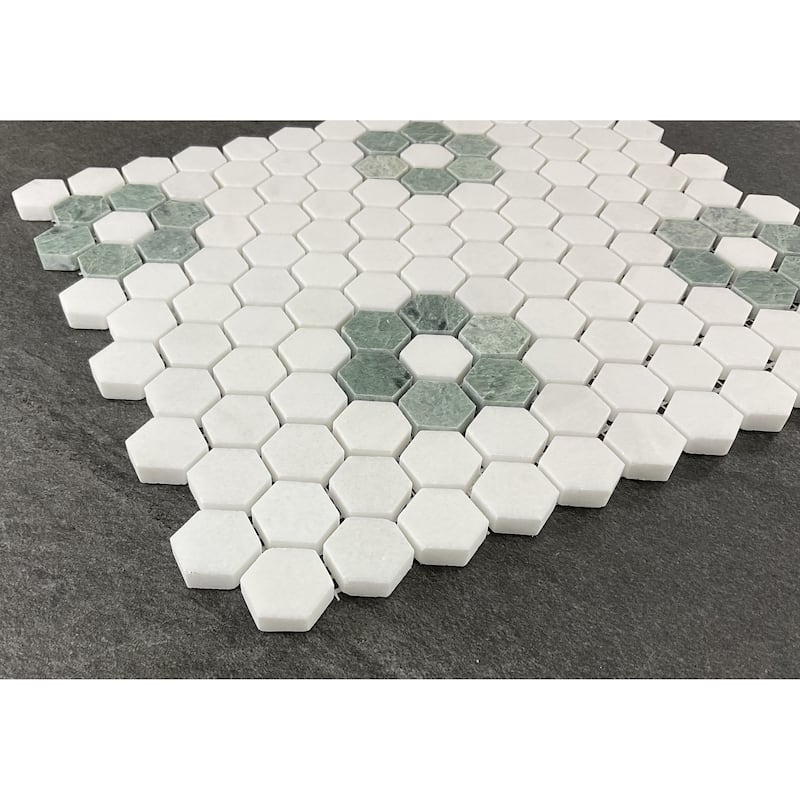 Thassos White and Ming Green 1" x 1" Marble Honeycomb Mosaic - Case (10 Sheets)